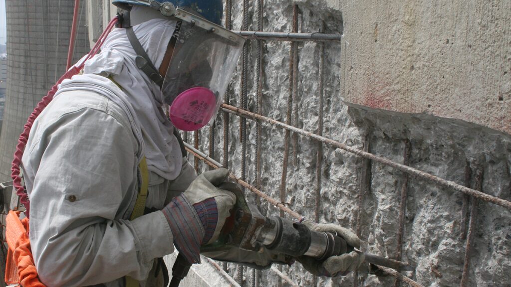 A CRG crew performing concrete restoration on a commercial parking garage.